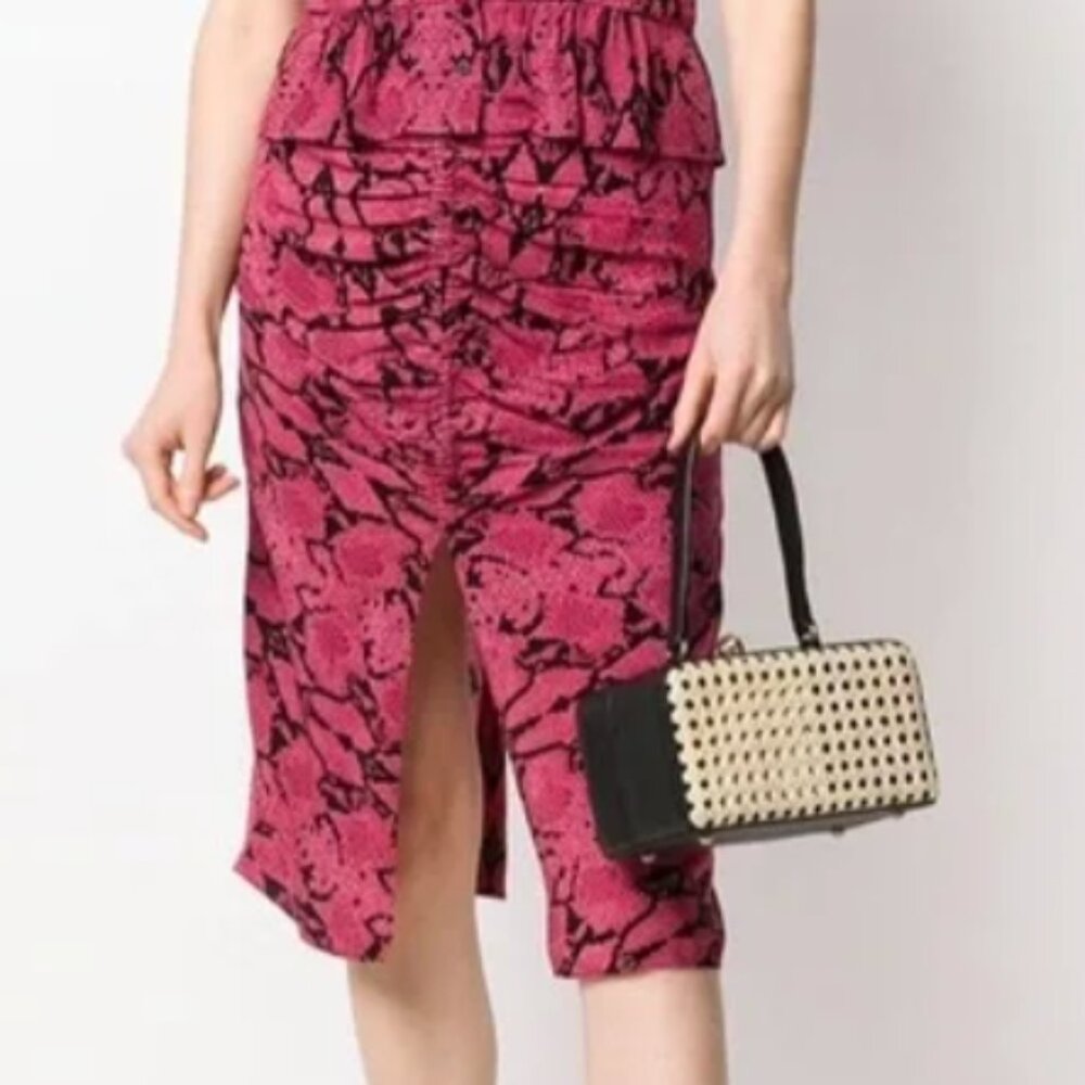 ba&sh ba&sh Carry Pink And Black Snake Print Ruched Front Midi Pencil Skirt Sz1